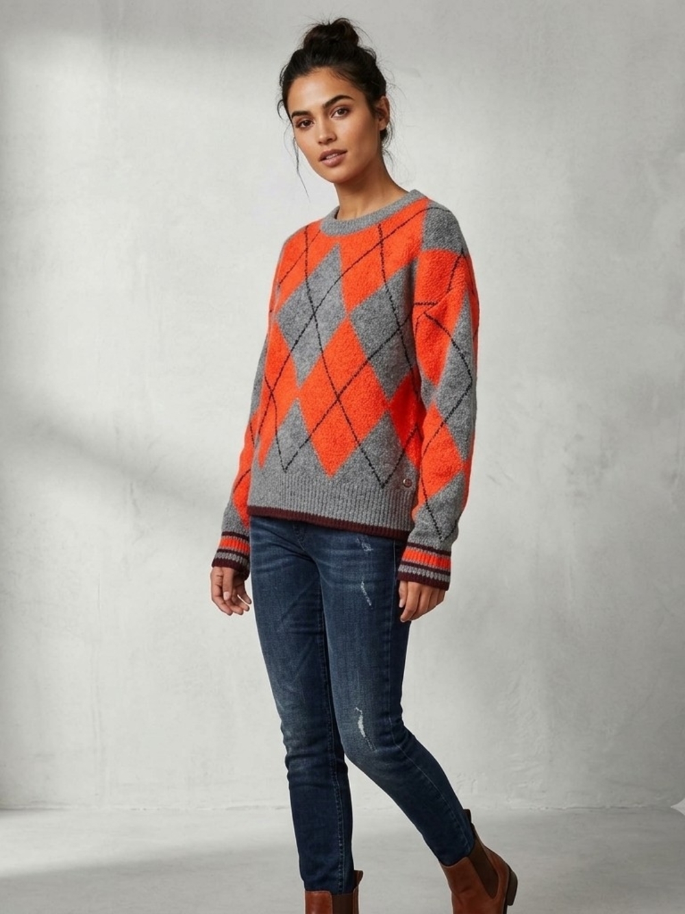 Scotch & Soda Gray and Orange Argyle Crewneck Sweater